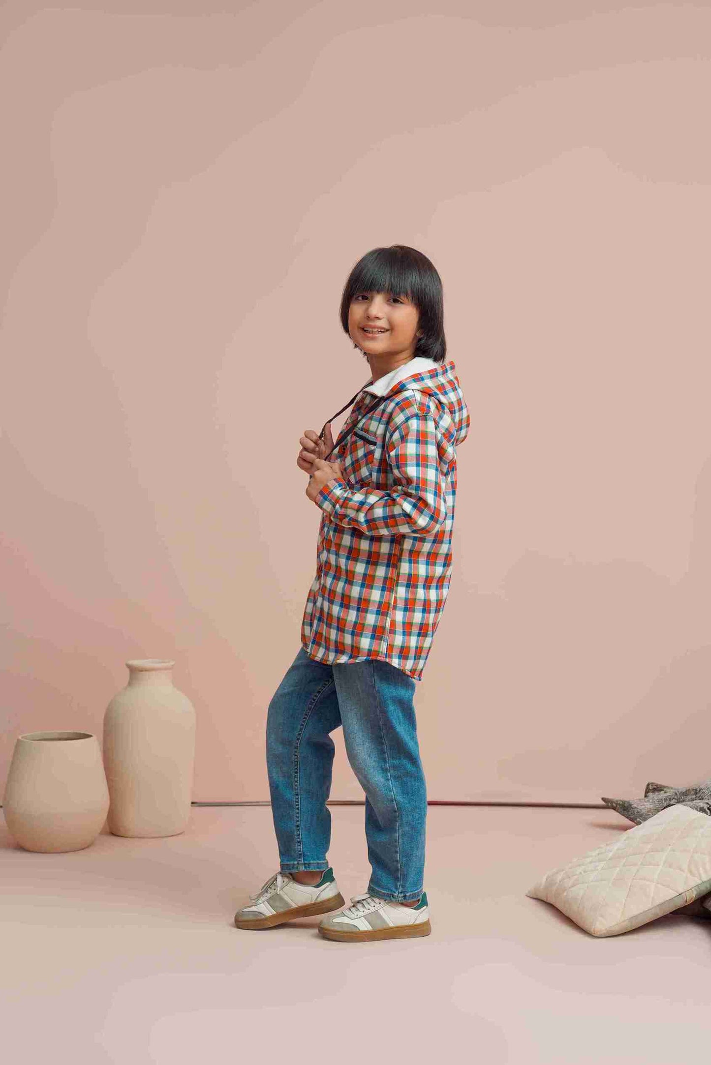 MeandMum Boys Warm Hoodie Shirt with Trendy Check 25WBCS004-MUL-RED