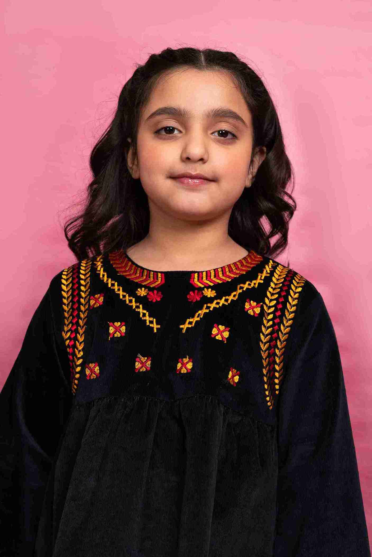Girl Corduroy Velvet Frock with Multi Embroidery 24WG043-02Y-MUL