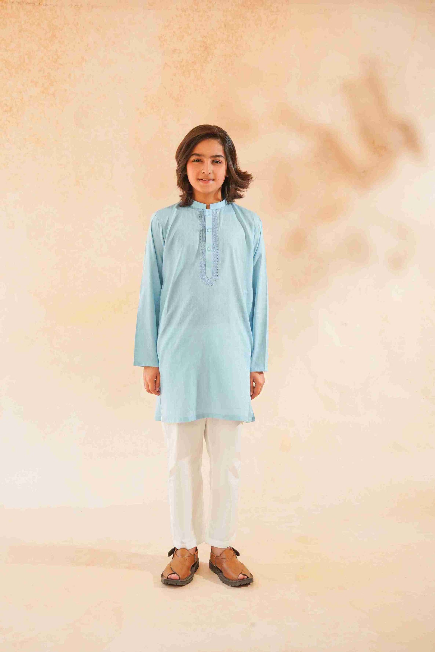 Boys' Sky Blue Cotton Kurta & Trouser Set | Breathable Ethnic Wear – Me&Mum 25SB028-02Y-SBL