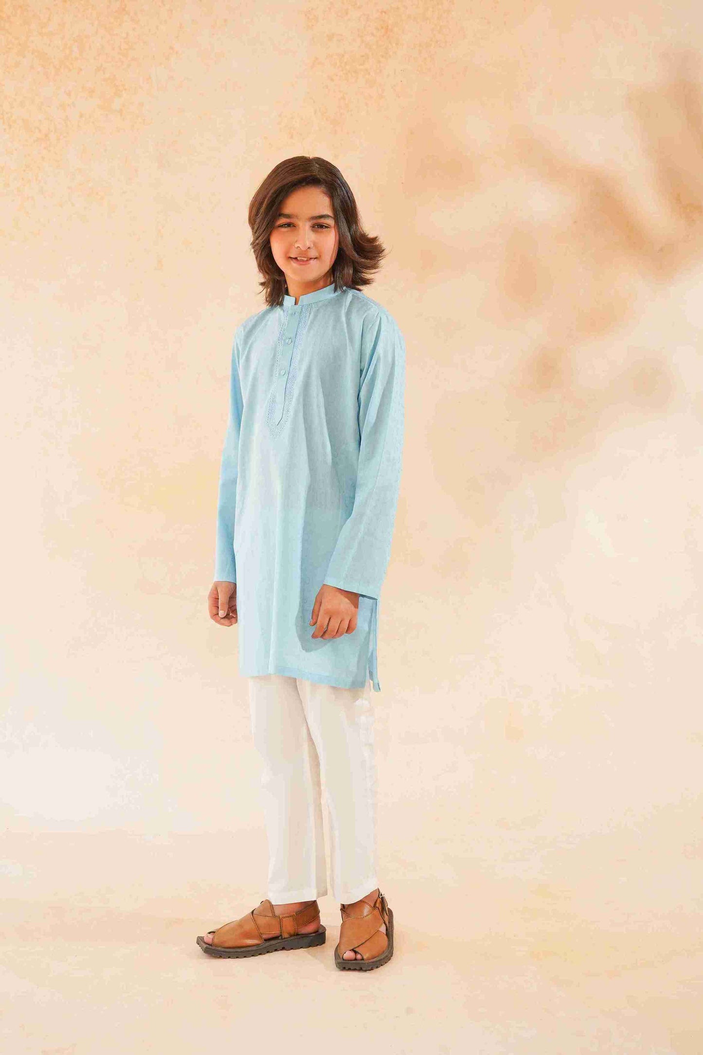 Boys' Sky Blue Cotton Kurta & Trouser Set | Breathable Ethnic Wear – Me&Mum 25SB028-02Y-SBL