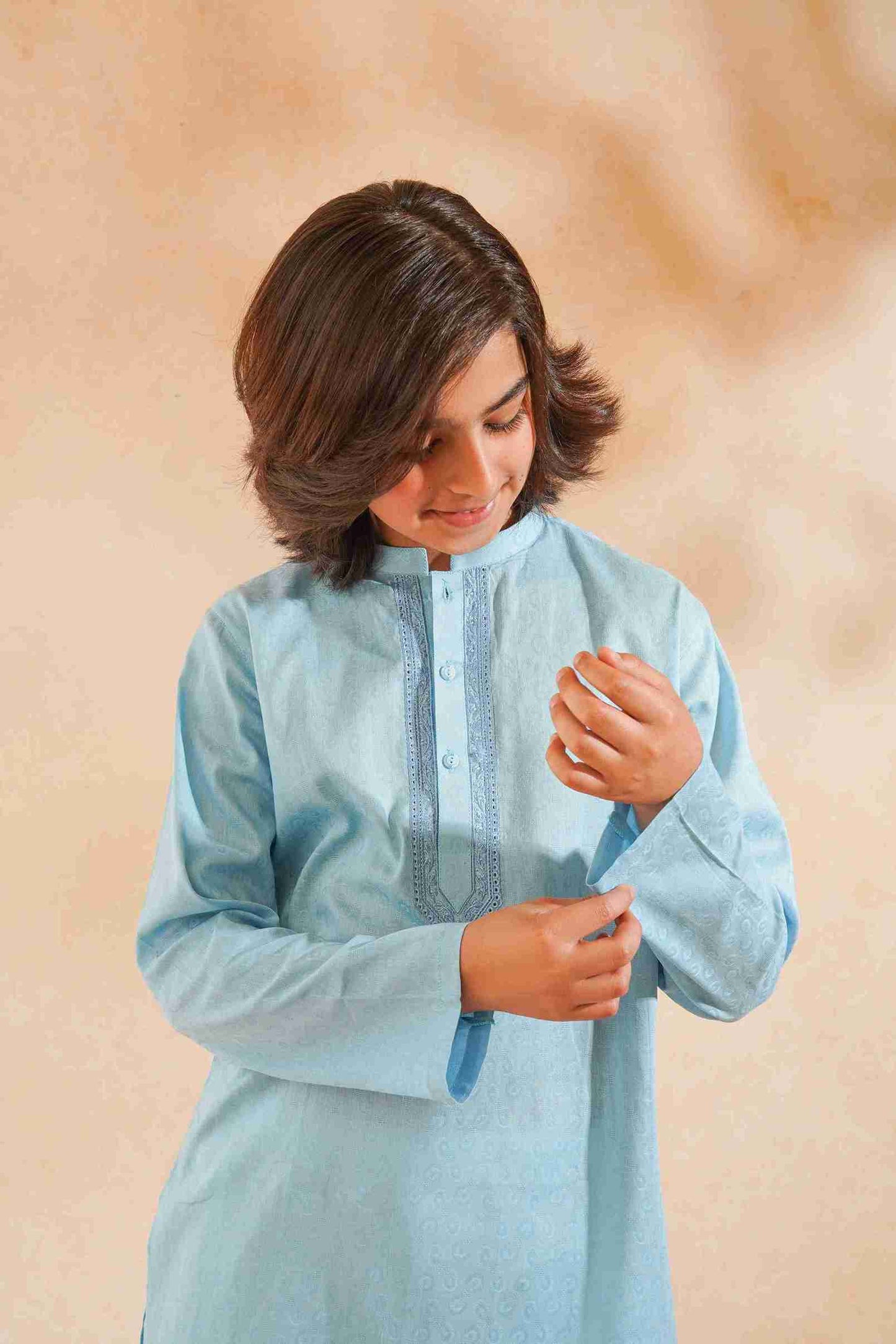 Boys' Sky Blue Cotton Kurta & Trouser Set | Breathable Ethnic Wear – Me&Mum 25SB028-02Y-SBL