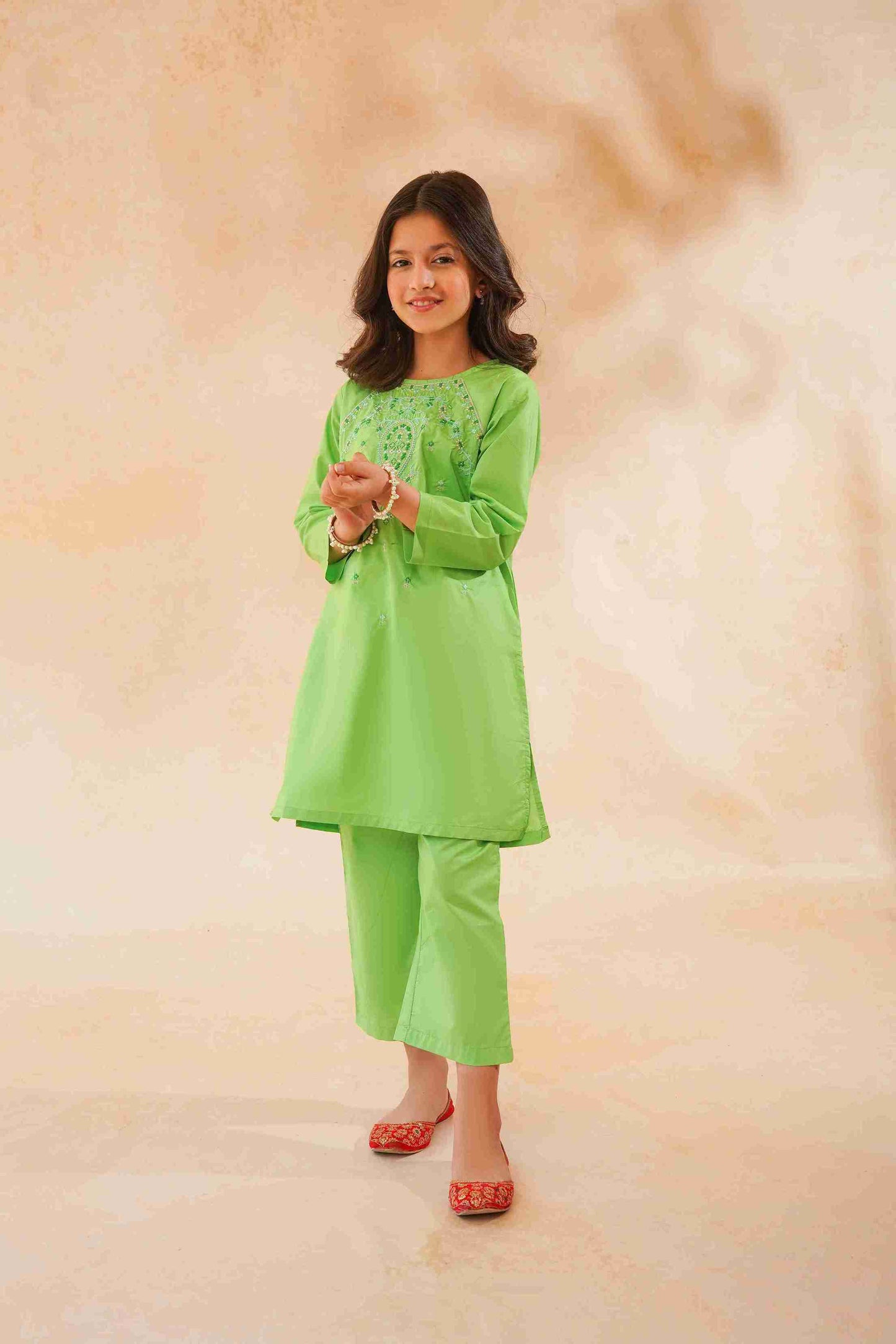 Girls' Parrot Green Embroidered Trouser Shirt | 25SG128-02Y-GRN – Me&Mum 25SG128-02Y-GRN