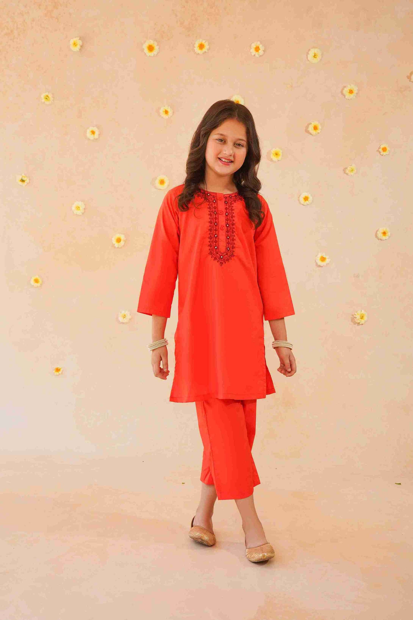 Girls' Orange Embroidered Trouser Shirt | Bold & Stylish – Me&Mum 25SG127-02Y-RED