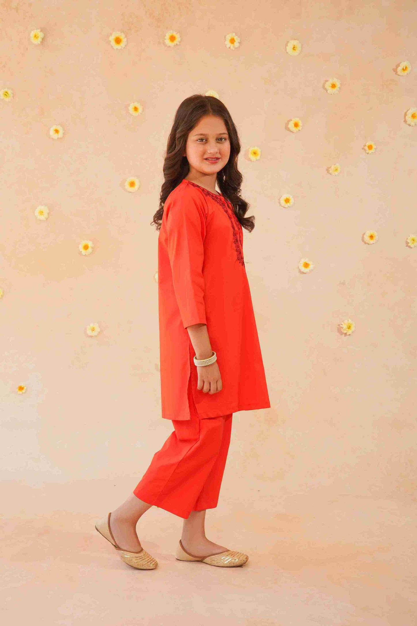 Girls' Orange Embroidered Trouser Shirt | Bold & Stylish – Me&Mum 25SG127-02Y-RED