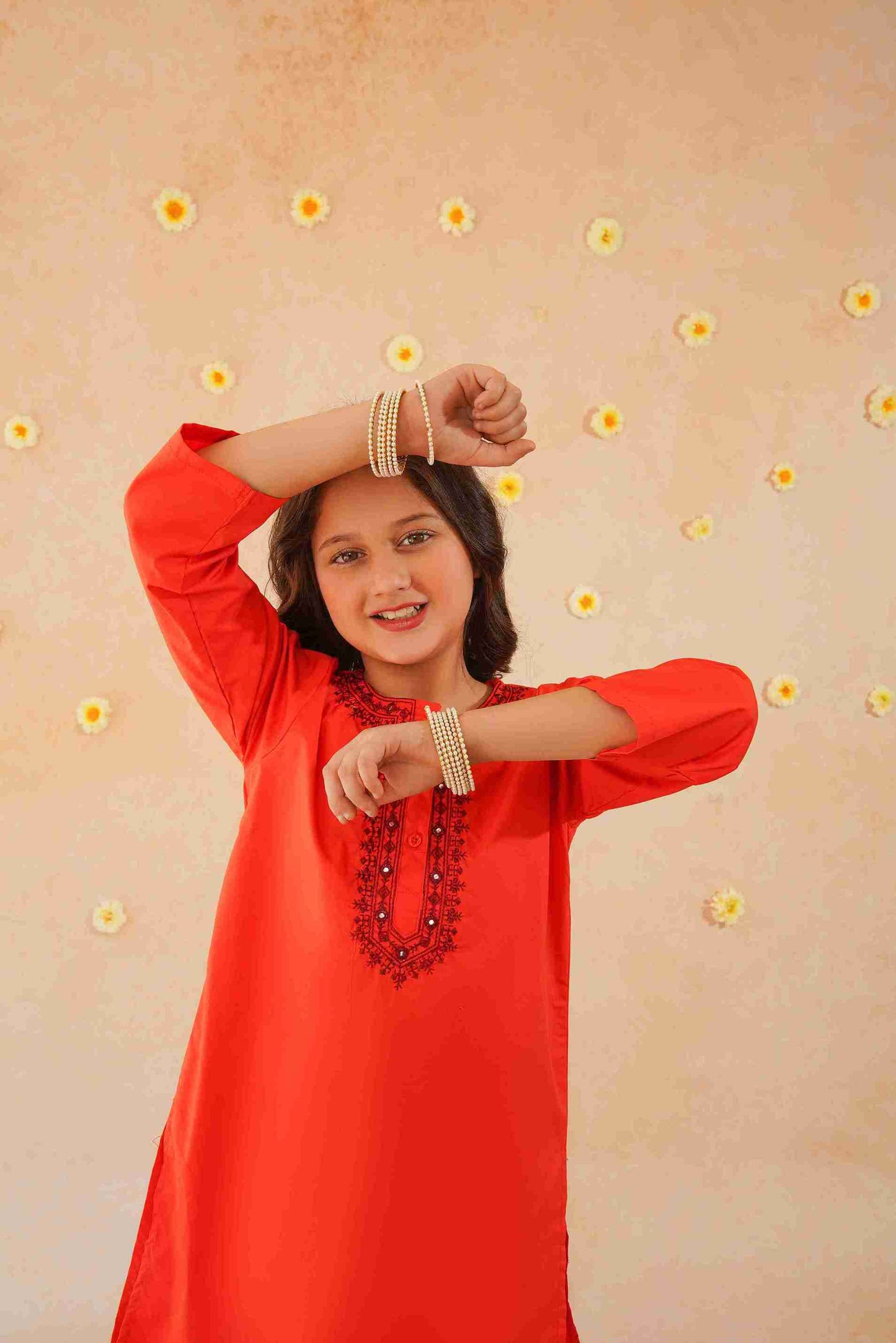 Girls' Orange Embroidered Trouser Shirt | Bold & Stylish – Me&Mum 25SG127-02Y-RED