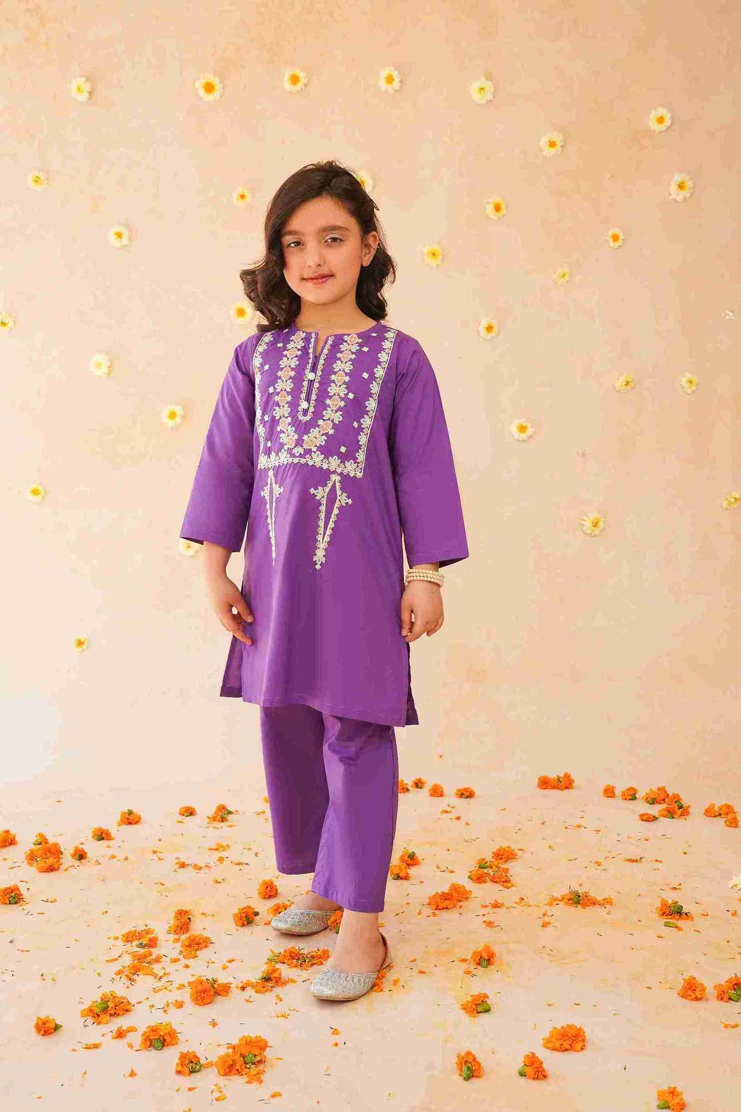 Girls' Purple Embroidered Trouser Shirt | Vibrant & Elegant – Me&Mum 25SG104-02Y-PRP