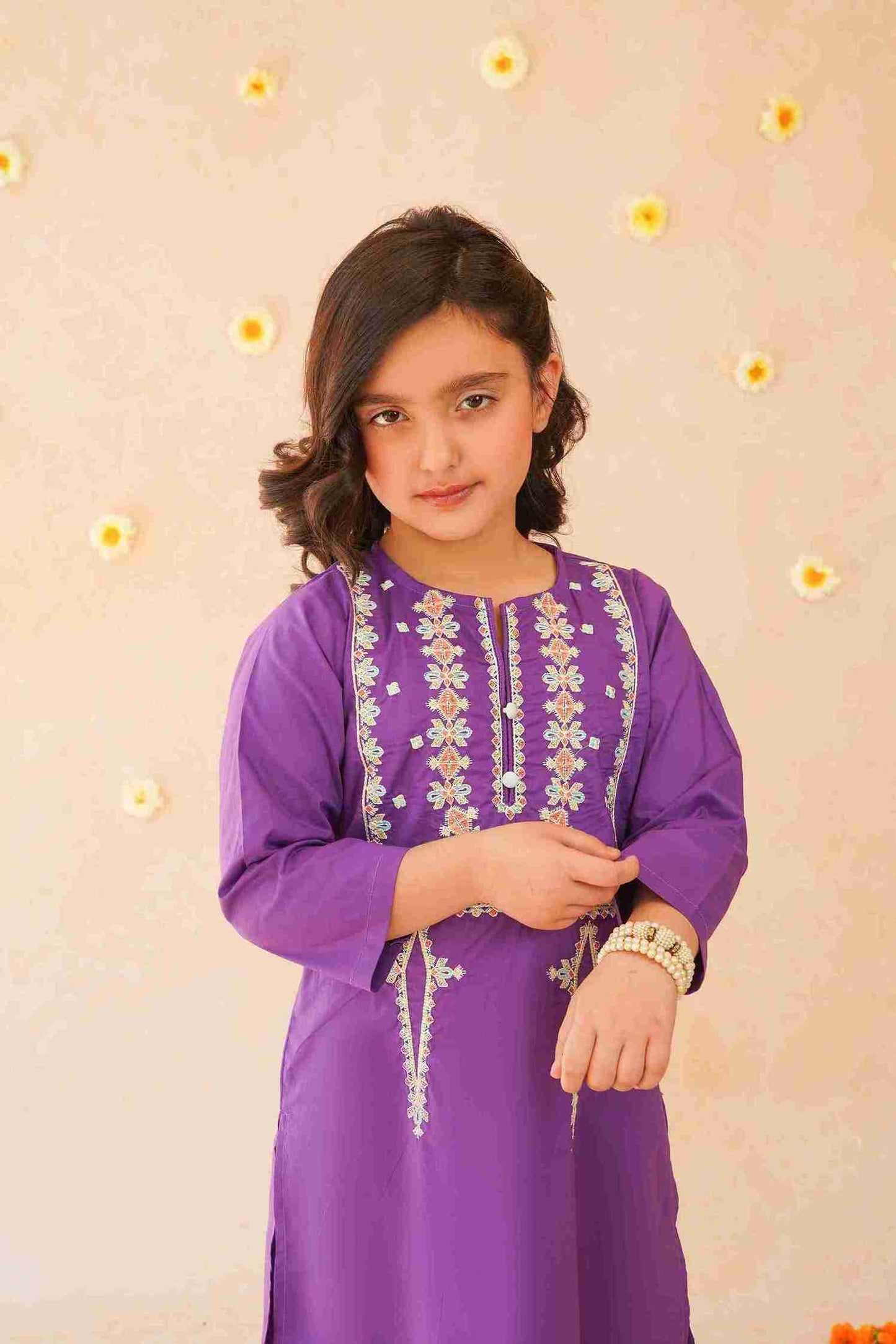 Girls' Purple Embroidered Trouser Shirt | Vibrant & Elegant – Me&Mum 25SG104-02Y-PRP