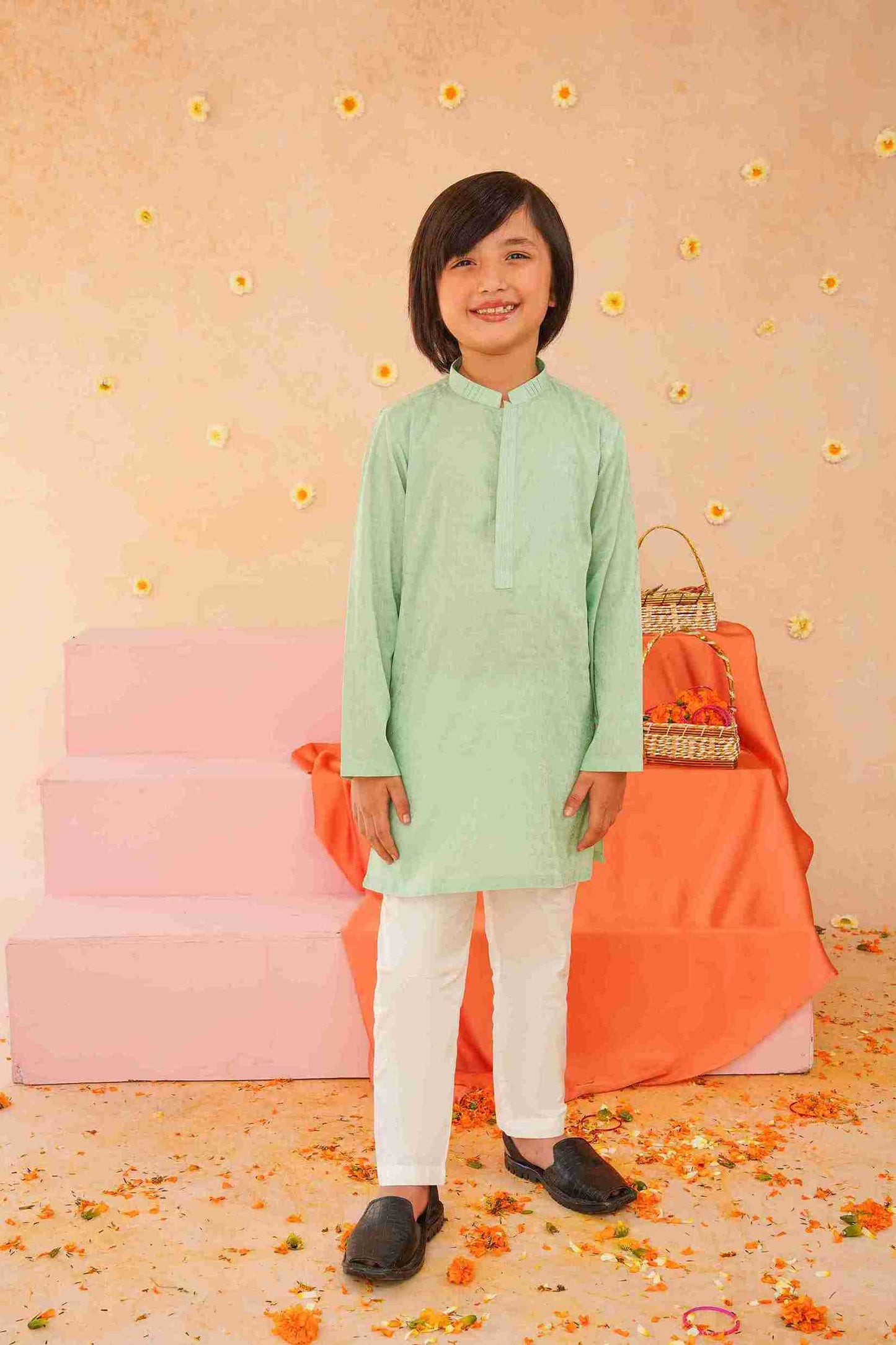 Boys' Sea Green Cotton Kurta & Trouser Set| Breathable Ethnic Wear – Me&Mum 25SB027-02Y-SGN