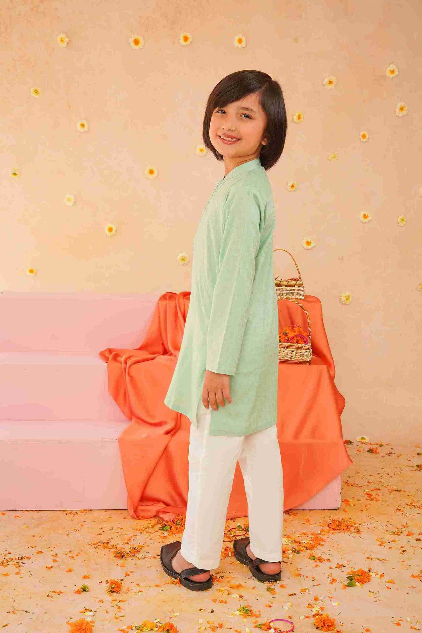 Boys' Sea Green Cotton Kurta & Trouser Set| Breathable Ethnic Wear – Me&Mum 25SB027-02Y-SGN