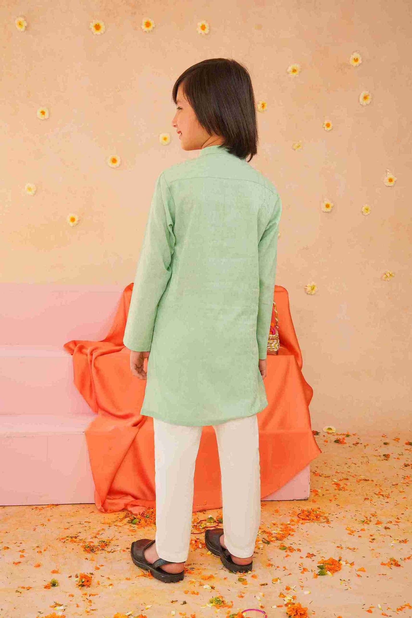Boys' Sea Green Cotton Kurta & Trouser Set| Breathable Ethnic Wear – Me&Mum 25SB027-02Y-SGN