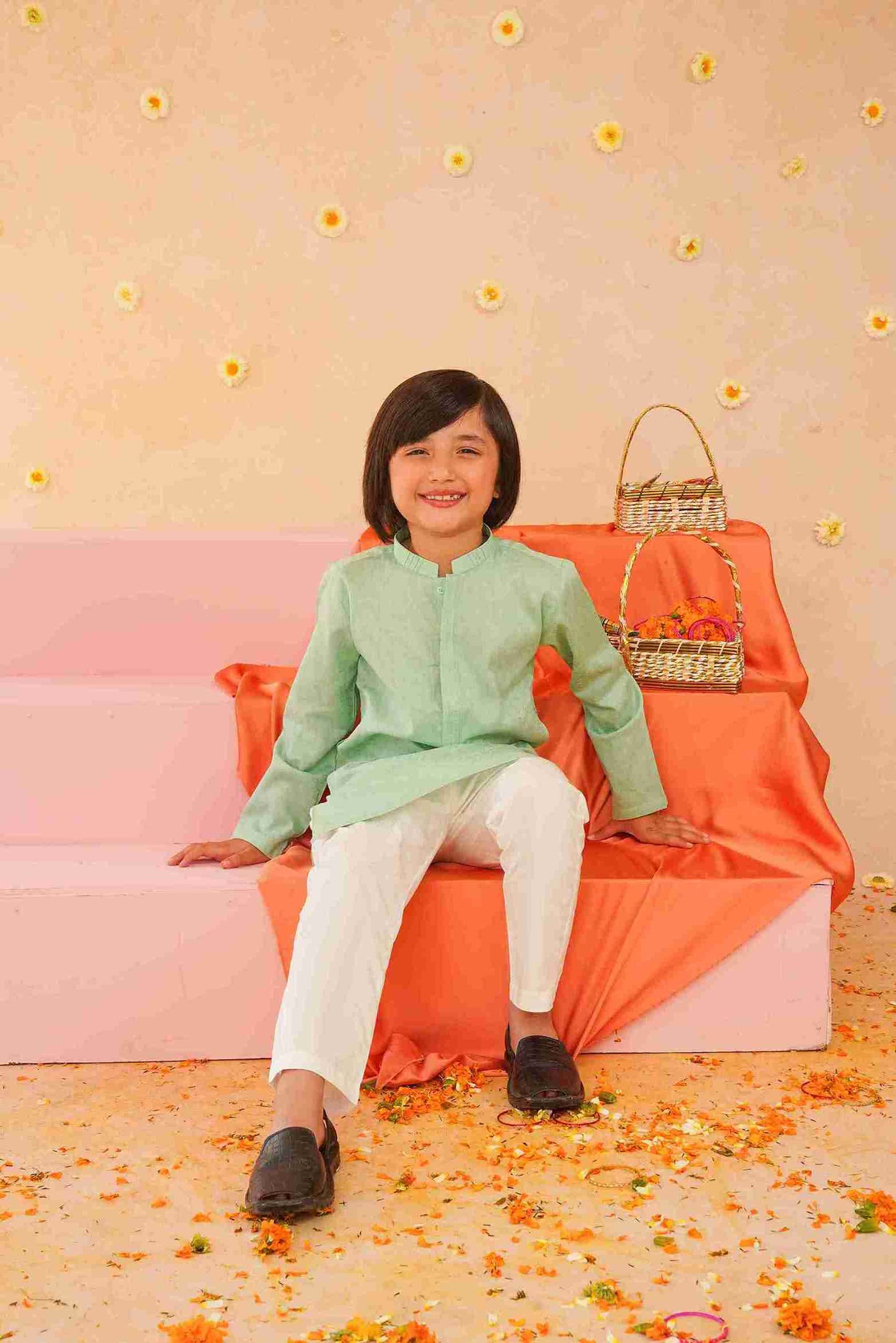 Boys' Sea Green Cotton Kurta & Trouser Set| Breathable Ethnic Wear – Me&Mum 25SB027-02Y-SGN