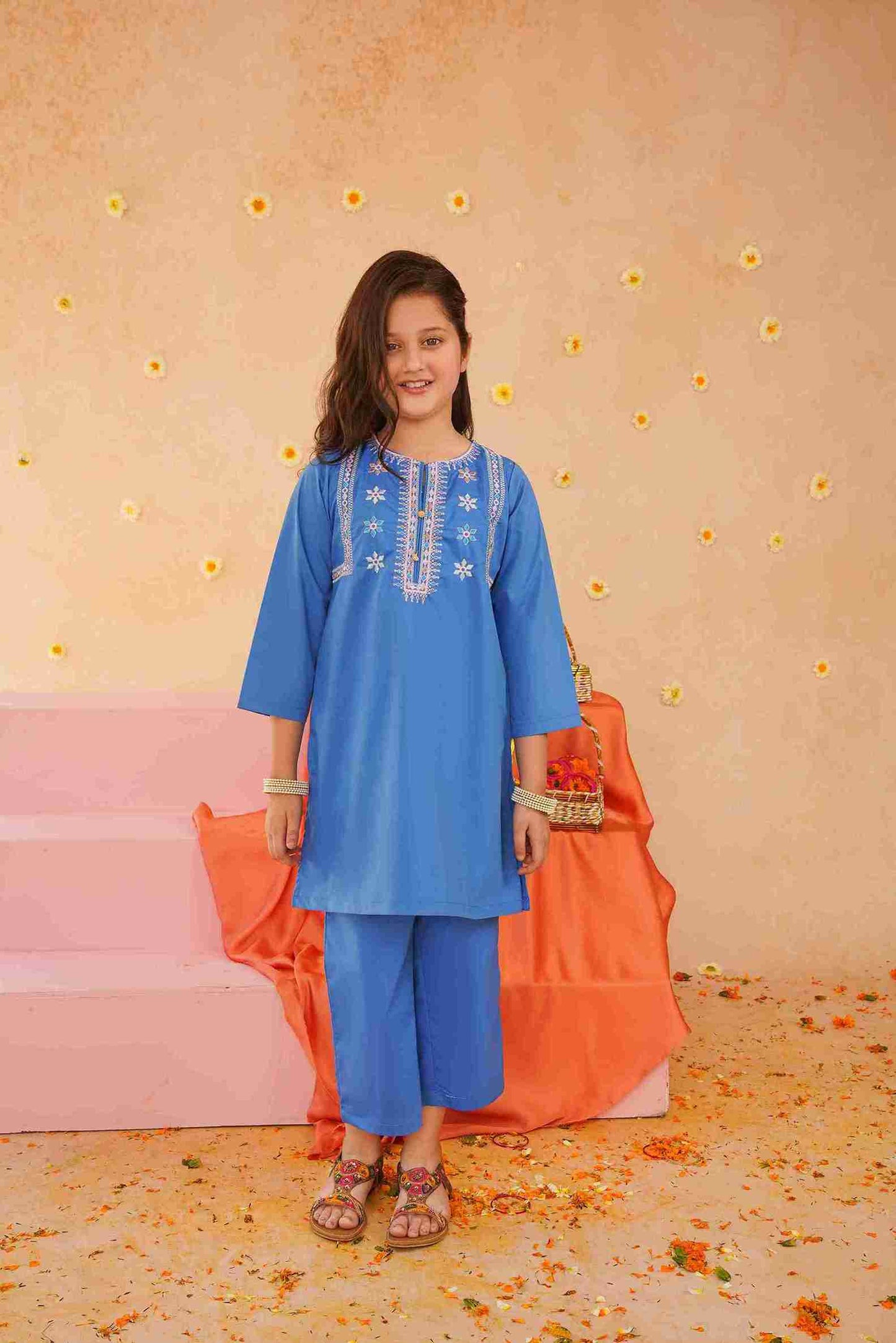 Girls Light Blue Embroidered Trouser Shirt | Fresh & Stylish – Me&Mum 25SG106-02Y-BLU