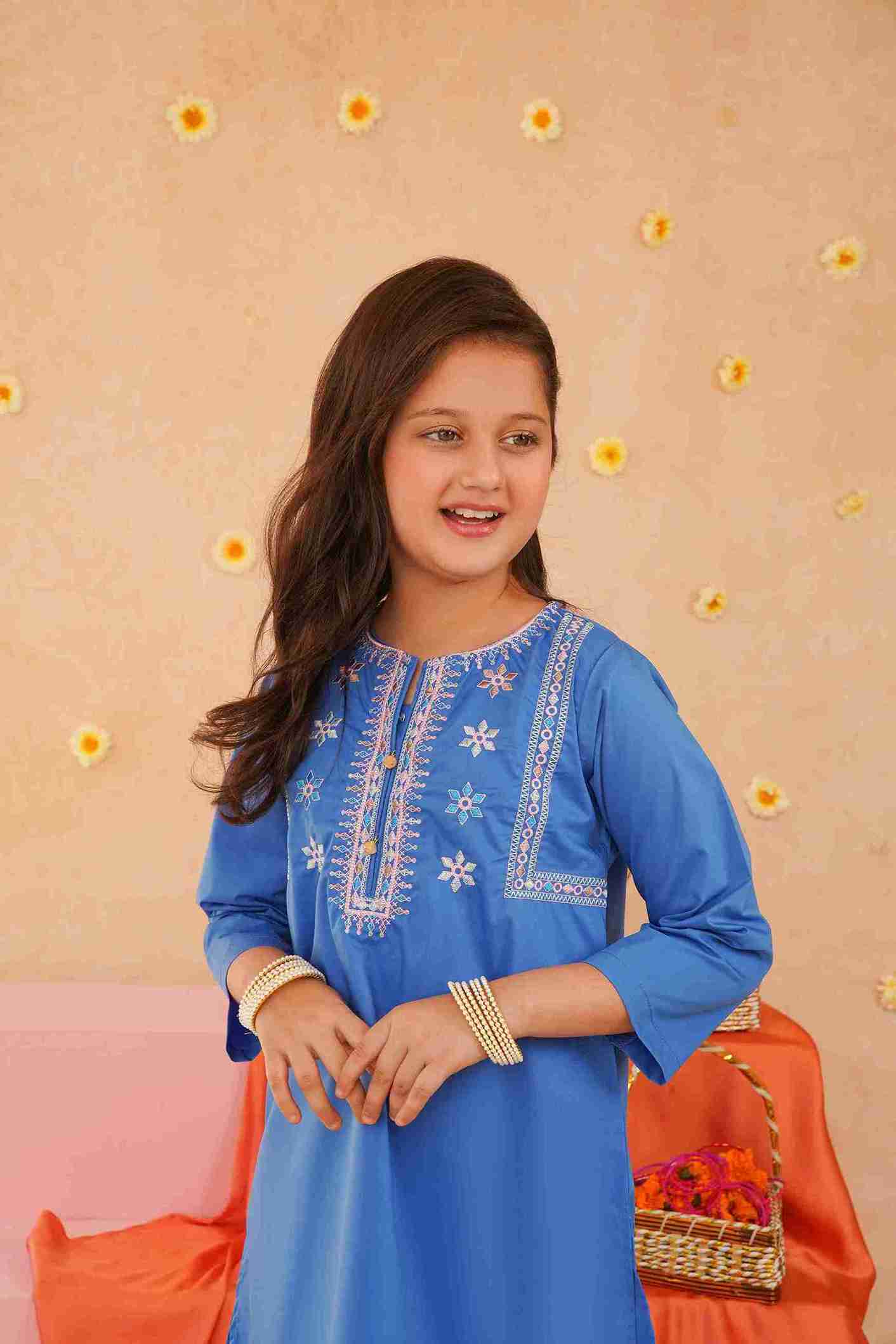 Girls Light Blue Embroidered Trouser Shirt | Fresh & Stylish – Me&Mum 25SG106-02Y-BLU