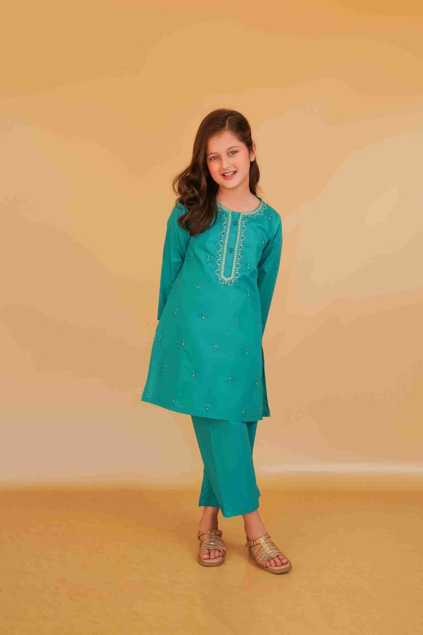 Girls' Embroidered Sea Green Trouser Shirt 25SG138-02Y-FRZ