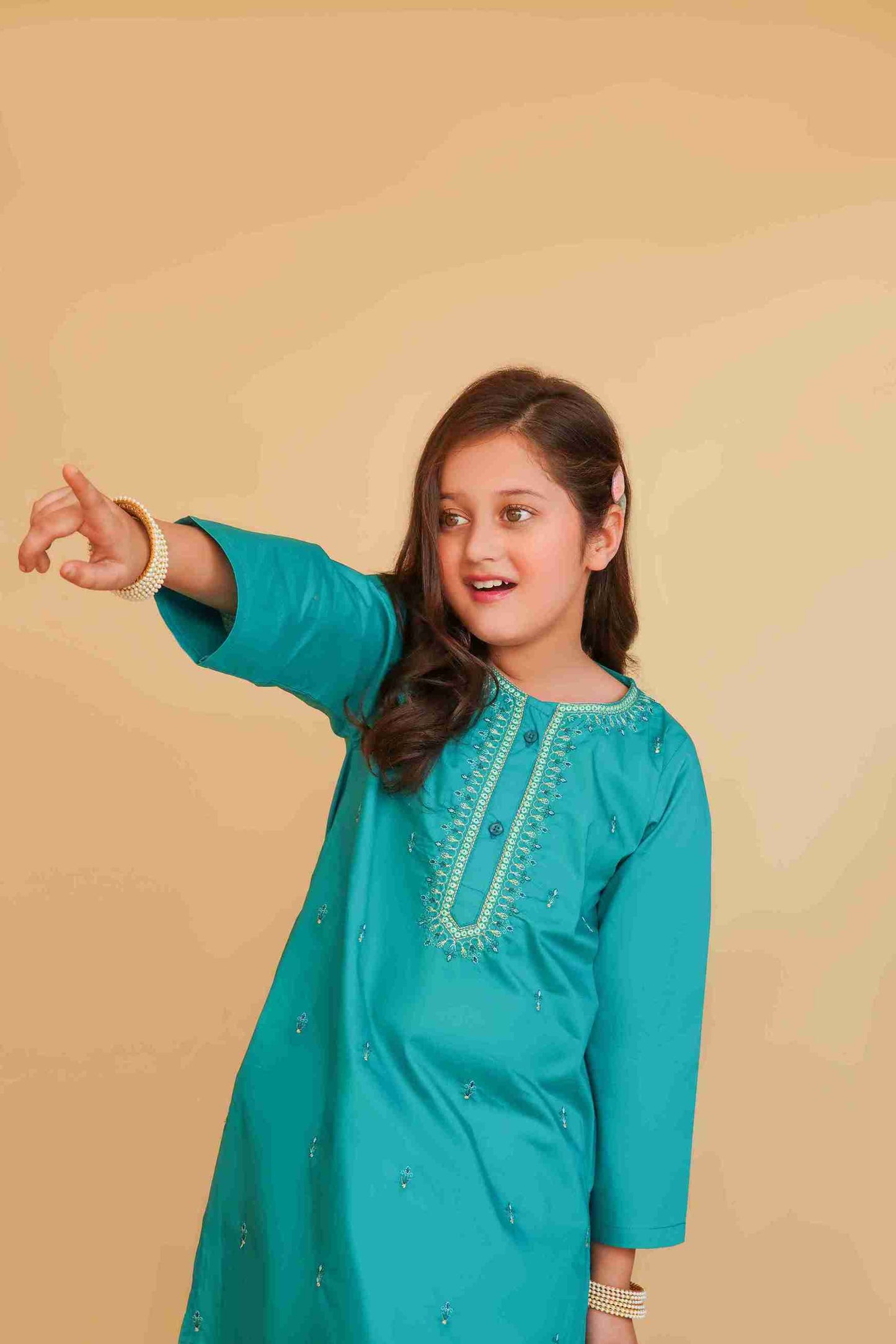 Girls' Embroidered Sea Green Trouser Shirt 25SG138-02Y-FRZ