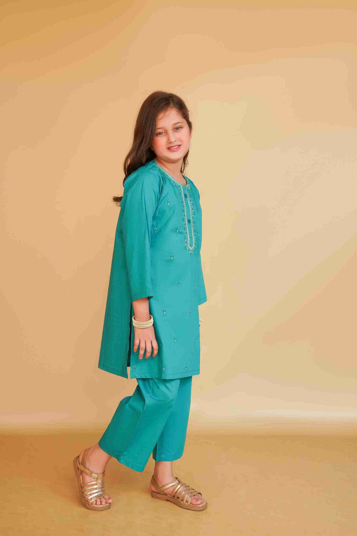 Girls' Embroidered Sea Green Trouser Shirt 25SG138-02Y-FRZ