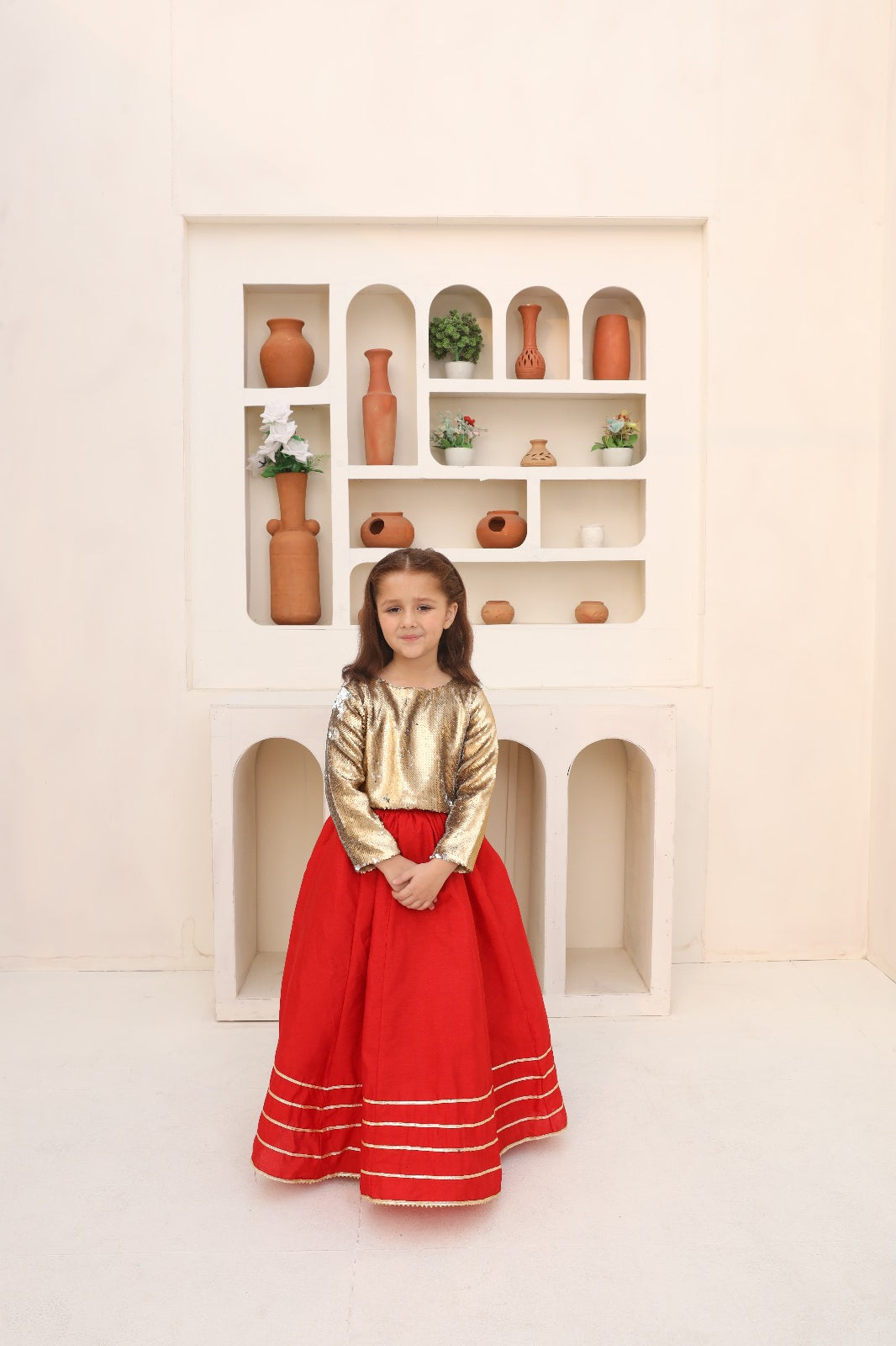 Me&Mum Girls' Party Lehenga Set – Shine in Gold & Red 24WG155-02Y-GLD
