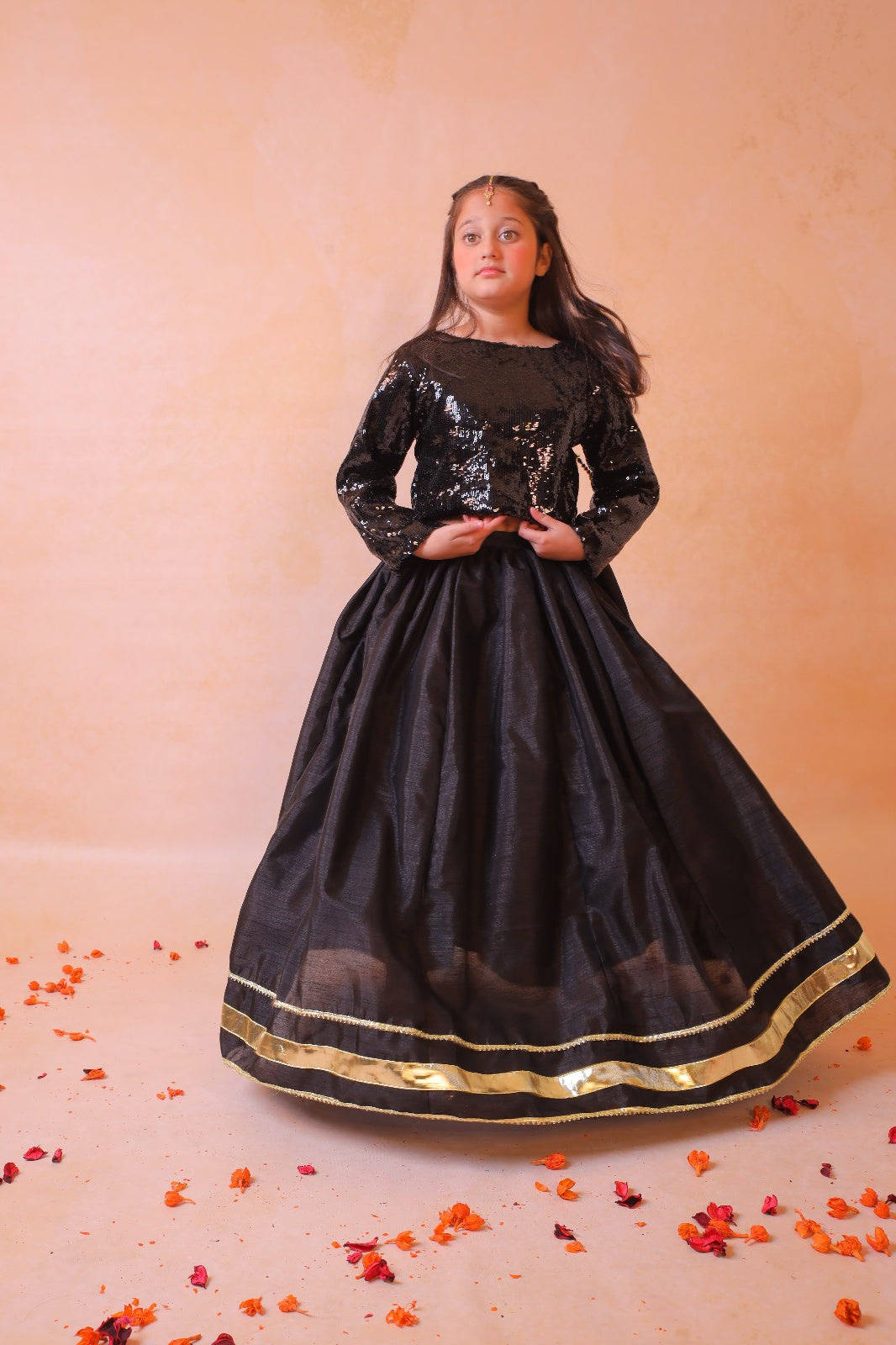 Festive Wear Girls Black Lehenga and Sequin Top