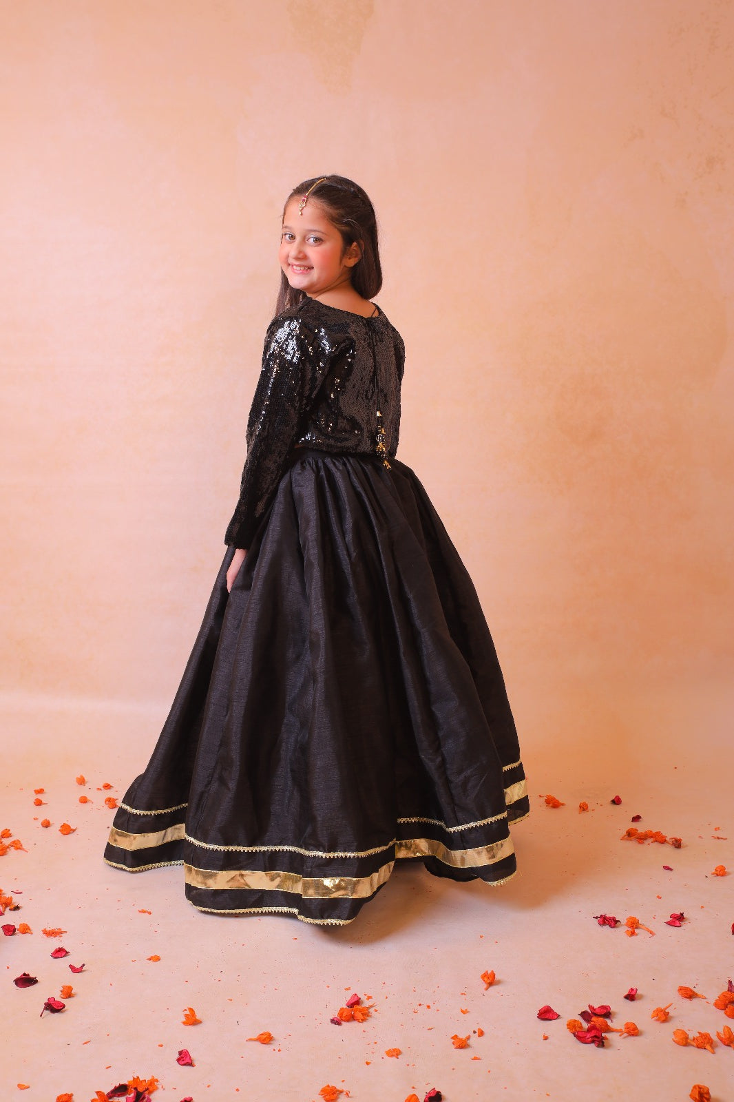 Festive Wear Girls Black Lehenga and Sequin Top