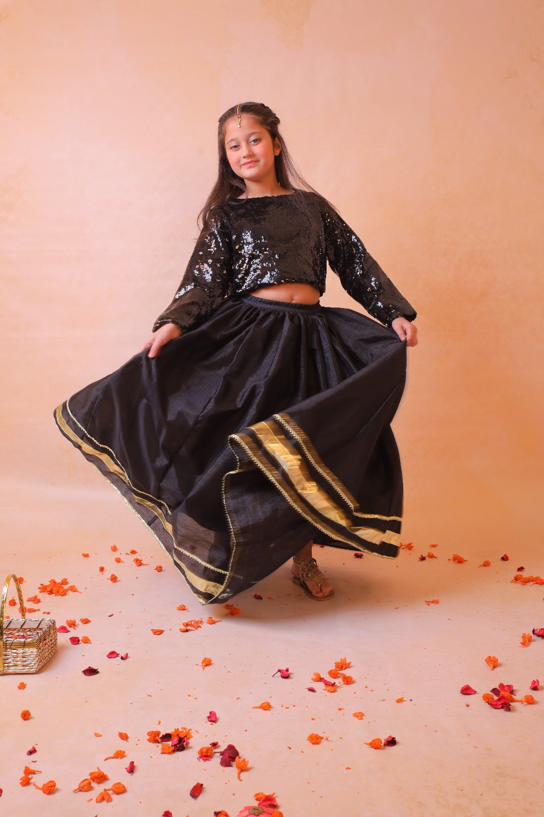 Festive Wear Girls Black Lehenga and Sequin Top