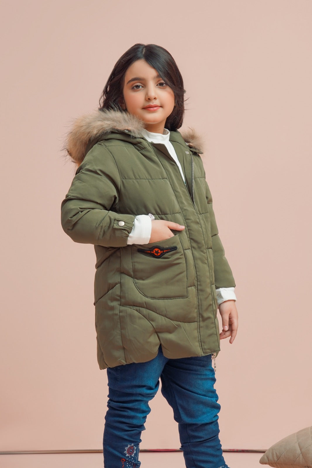 MeandMum Girls Green Furr Jacket with Hoodie
