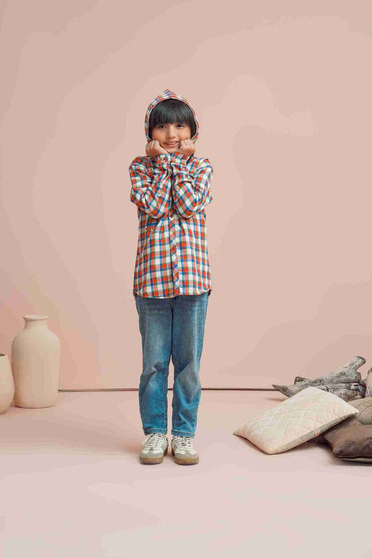 MeandMum Boys Warm Hoodie Shirt with Trendy Check 25WBCS004-MUL-RED