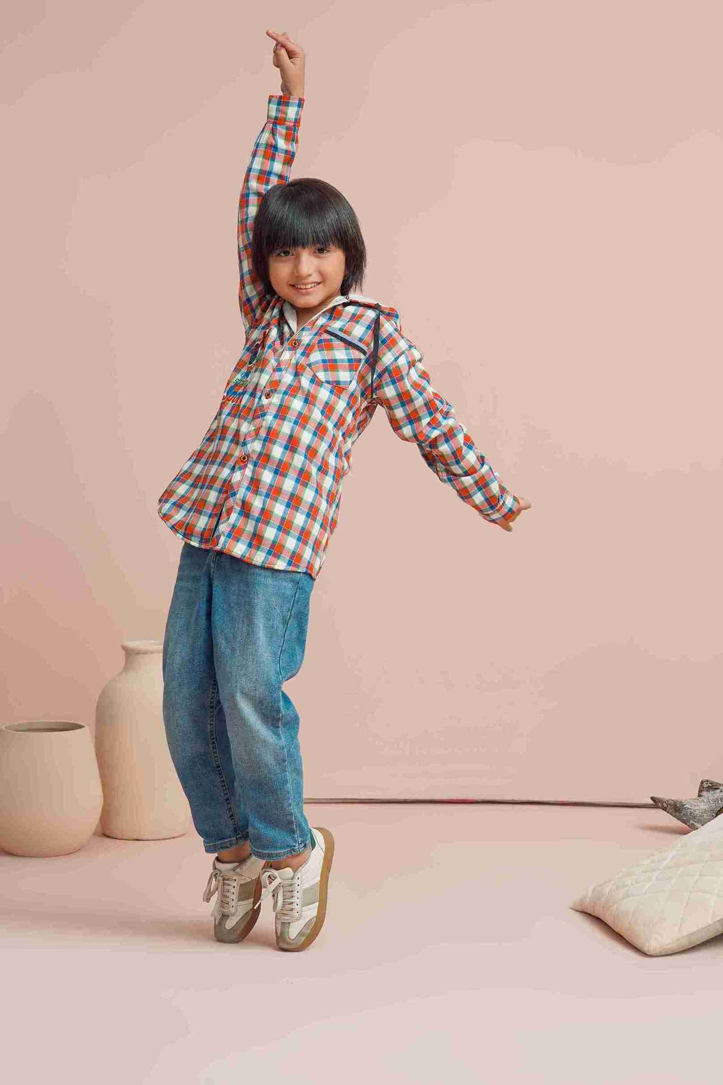 MeandMum Boys Warm Hoodie Shirt with Trendy Check 25WBCS004-MUL-RED