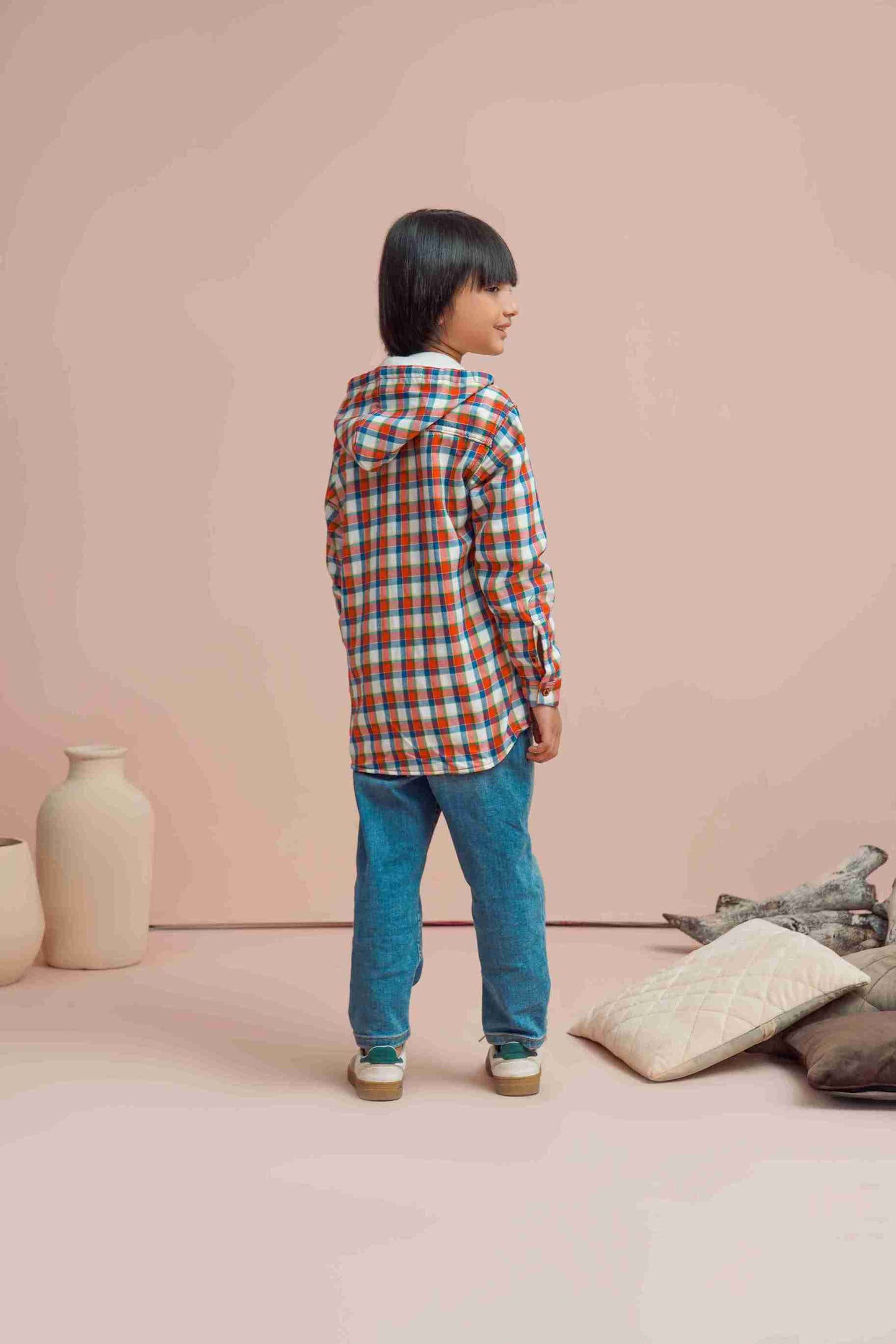 MeandMum Boys Warm Hoodie Shirt with Trendy Check 25WBCS004-MUL-RED