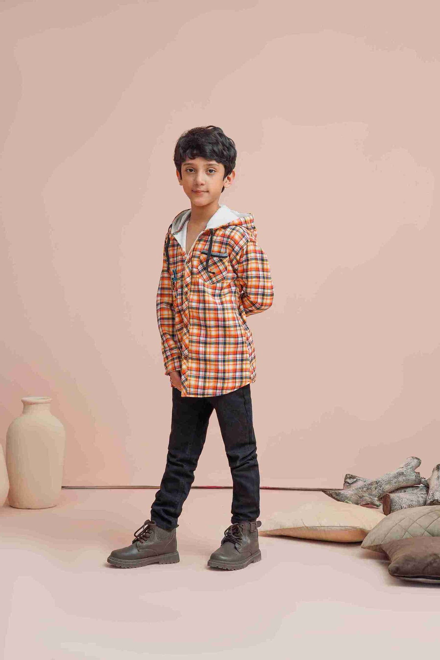 MeandMum Boys Warm Hoodie Shirt with Trendy Check 25WBCS004-MUL-ORG