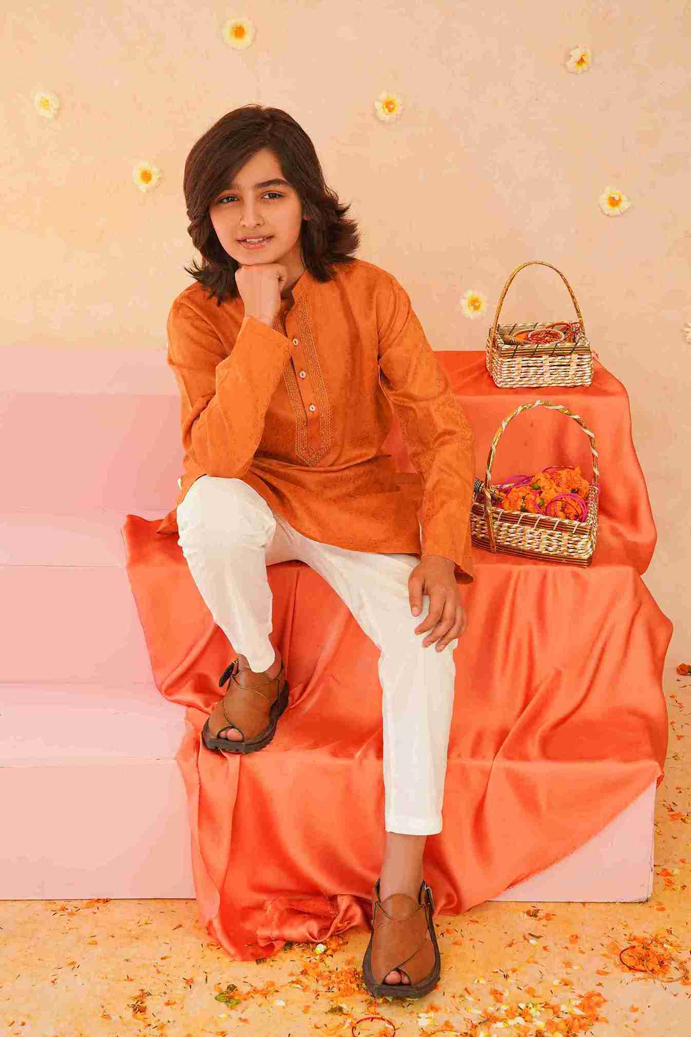 Boys Brown Cotton Kurta & Trouser | Breathable Ethnic Wear – Me&Mum 25SB028-02Y-GBN