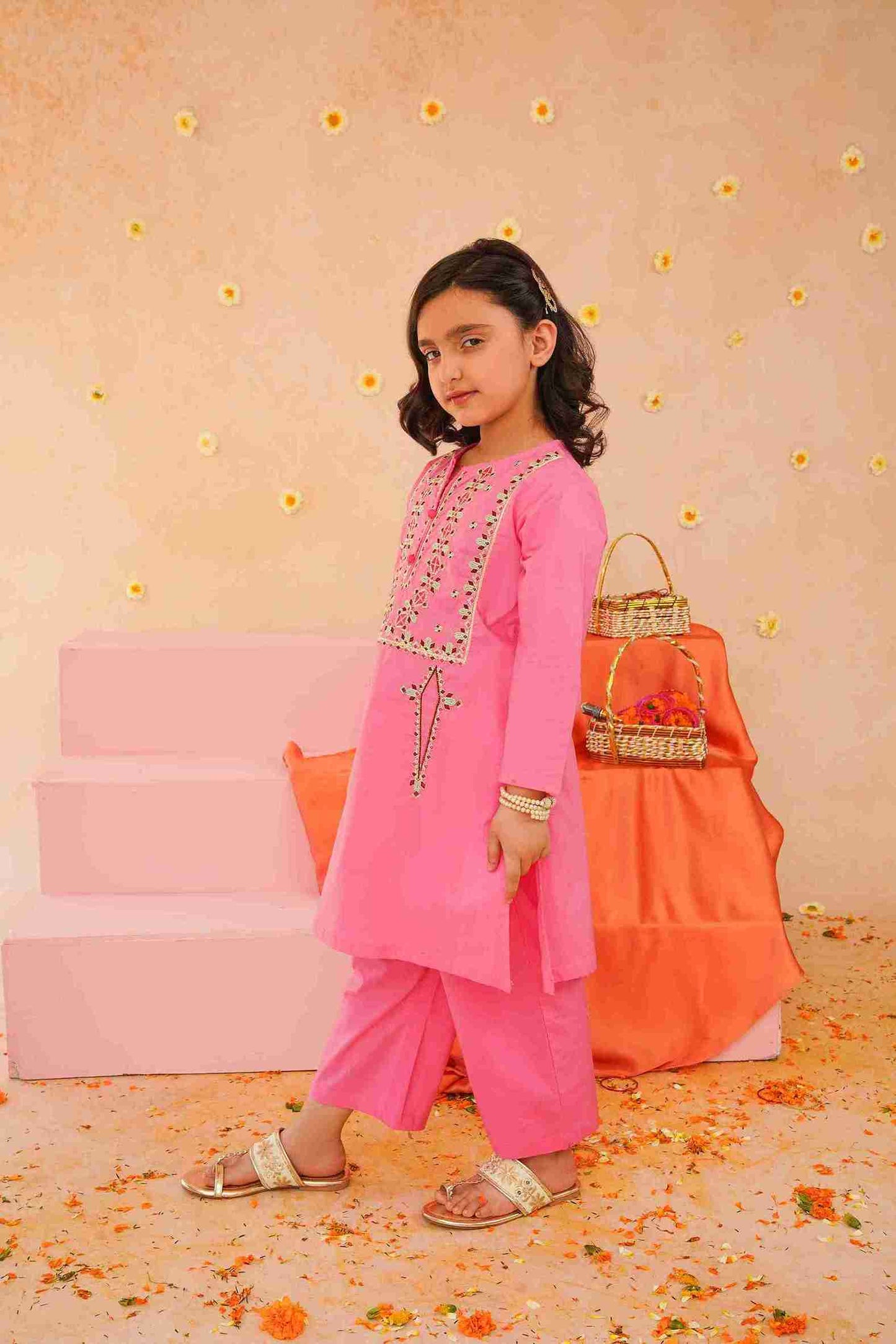 Girls Pink Embroidered Trouser Shirt | Fresh & Stylish – Me&Mum 25SG104-02Y-PNK