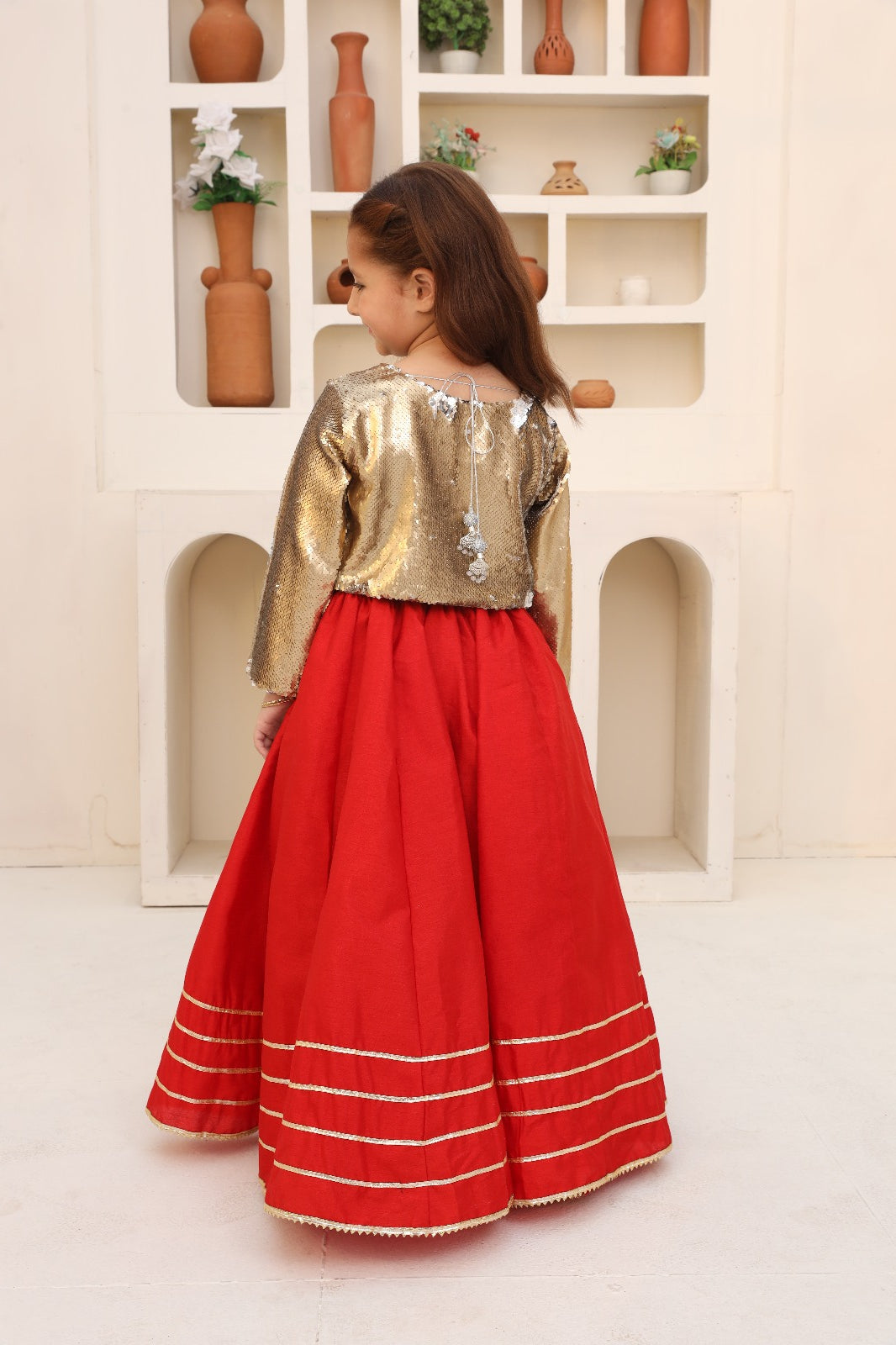Me&Mum Girls' Party Lehenga Set – Shine in Gold & Red 24WG155-02Y-GLD