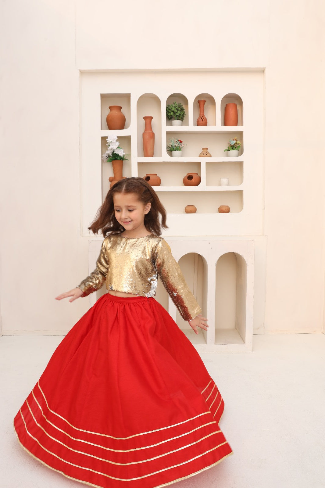 Me&Mum Girls' Party Lehenga Set – Shine in Gold & Red 24WG155-02Y-GLD