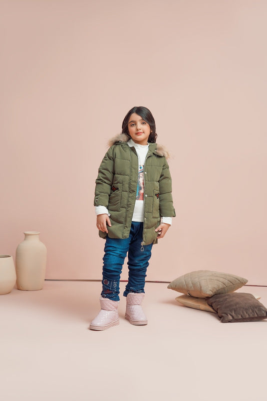 MeandMum Girls Green Furr Jacket with Hoodie