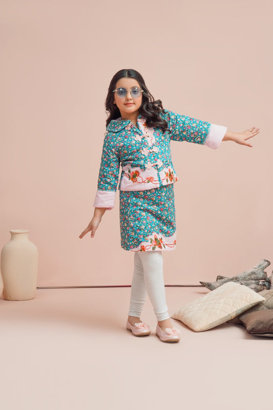 Girls Embellished Embroidery Corduroy 2-Piece Set – Stylish Shirt & Jacket Outfit 25WGSU003-MUL-FEROZI